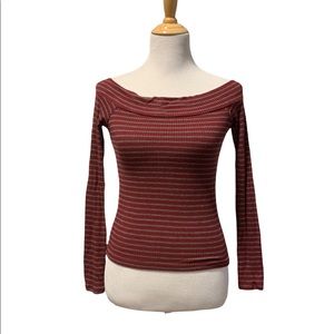 Bluenotes | Red & Grey Striped Off shoulder Long Sleeve Top